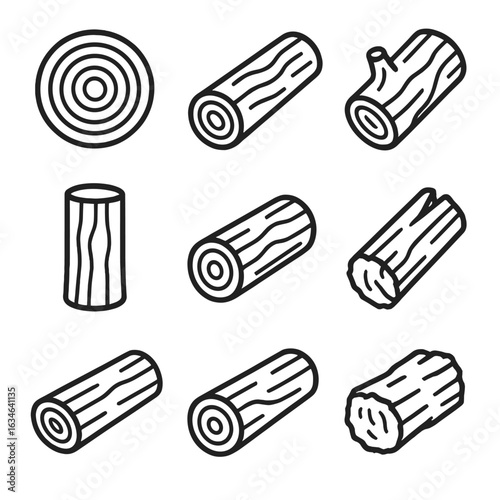 Vector wooden tree log slice icon decorative timber hardwood sawmill bark icons