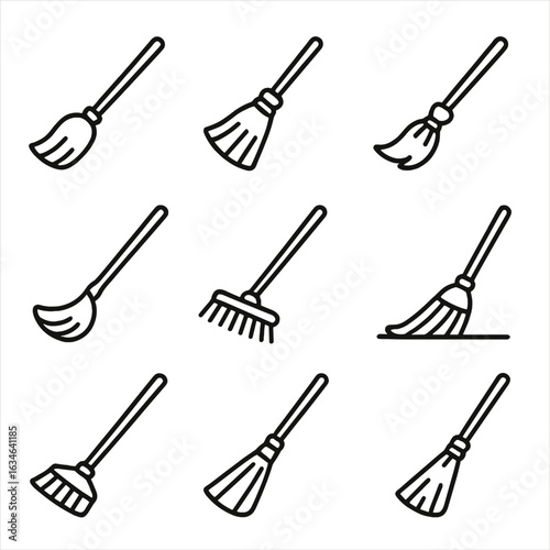 Collection broom straw floor sweeping angled broomstick bristles style handle icon vector