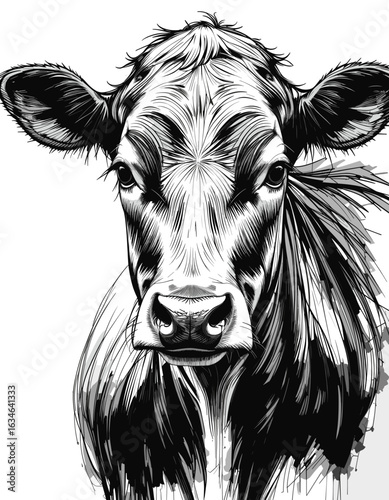 Detailed black and white illustration of a cow's head with realistic features