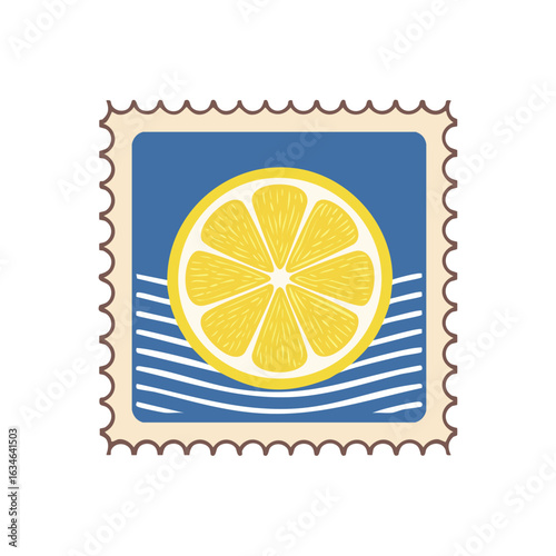 A detailed illustration of a lemon slice on a postage stamp with a blue background and white lines.