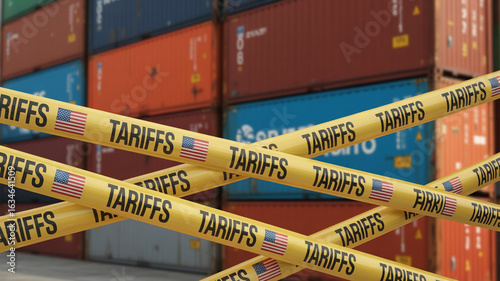 Shipping containers with yellow tape displaying the word tariffs and american flags in the background