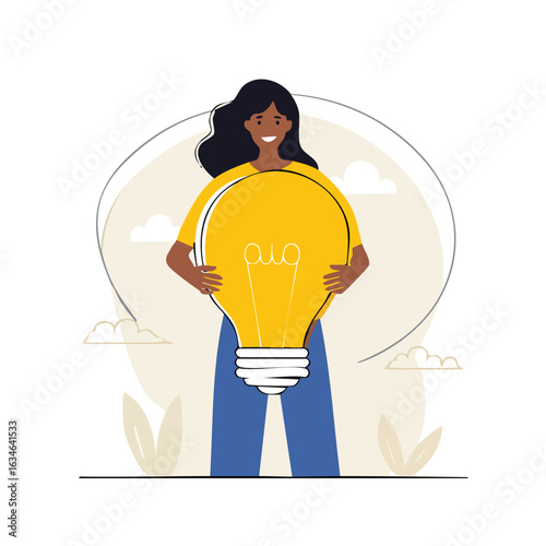 A smiling woman holding a large yellow lightbulb, representing a bright idea and innovation.