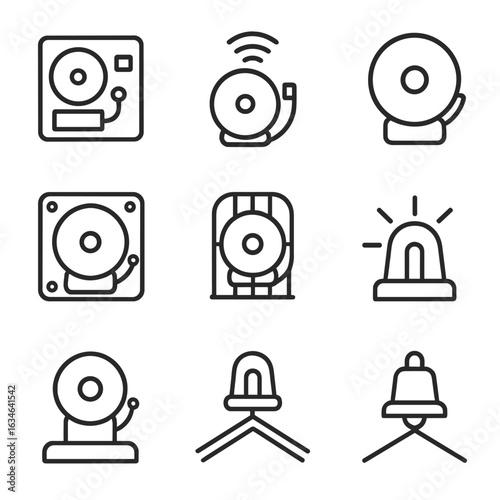 Bell alarm icons cage rotating motion icon safety panel fire vector alert