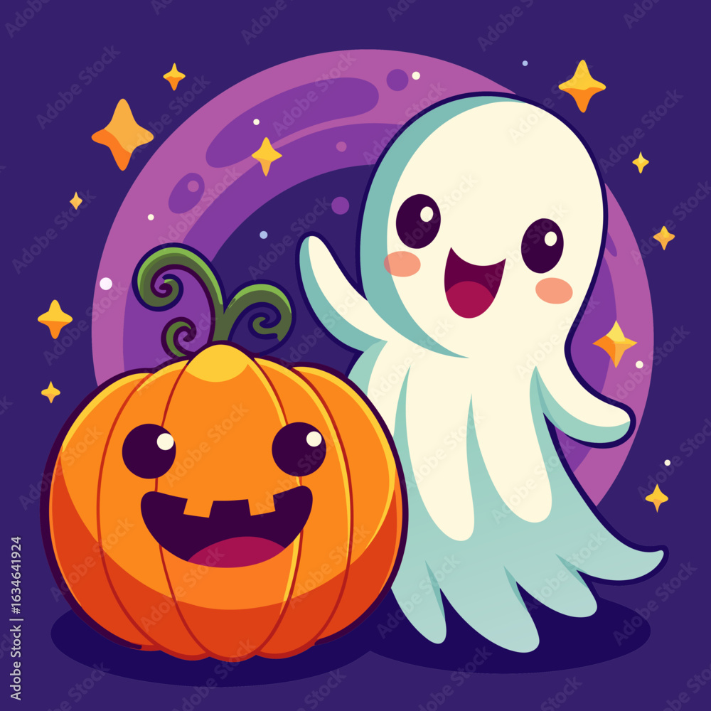 Obraz premium Cute ghost and jack o lantern friends celebrating halloween