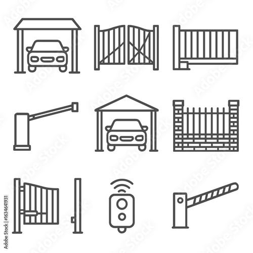 Gate vector symbol outline line set contour icon minimal stroke carport collection