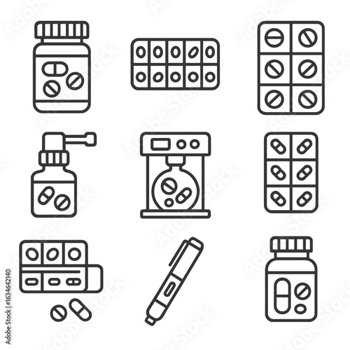 Symbol minimal line outline vector dispenser contour set collection medication icons icon