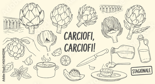 Artichoke Icon Set. Hand drawn vector illustration of Italian artichokes and cooking. "Carciofi" doodle clipart of a classic Roman food ingredient. Restaurant menu graphic. Vegetable art.