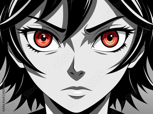 Intense anime portrait with fiery red eyes and sharp features