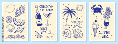 Summer Poster Set. Blue hand drawn vector illustration of beach, food, and drink elements. Doodle card clipart of a palm tree, crab, and cocktail for vacation and holiday design.