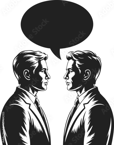 Men in suits facing each other with speech bubbles, dialogue illustration, business conversation, negotiation scene