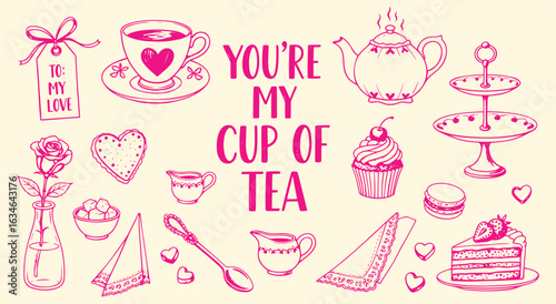 Afternoon Tea Icon Set. Pink hand drawn vector illustration of a tea party. "You're My Cup of Tea" doodle clipart. Cute food graphic for Valentine's Day, cafe menu, and shower design.