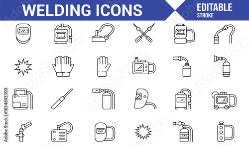 Vector Icons Representing Welding Equipment, Safety Tools, and Fire Protection