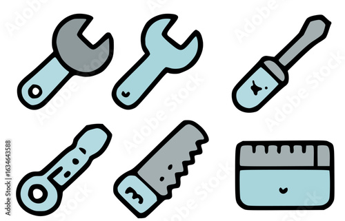 A collection of pastel-colored hand-drawn tool icons, including wrenches, screwdrivers, and a saw.