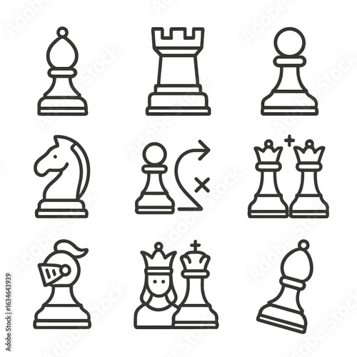 Vector icon set royal chess glass king pawn bishop silhouette tournament