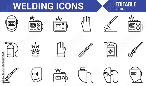 Set of Welding Equipment Icons - Helmets, Gloves, and Gas Tools for Metalworking