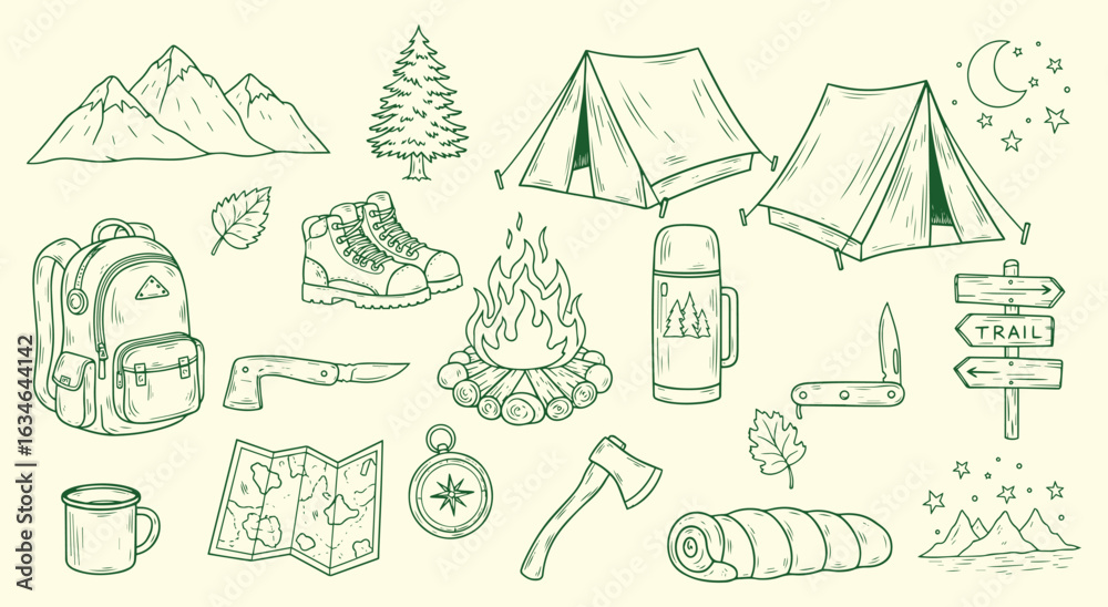 Fototapeta premium Camping Icon Set. Green hand drawn vector illustration of outdoor and hiking elements. Adventure graphic doodle clipart of a tent, campfire, and mountains for nature and travel design.