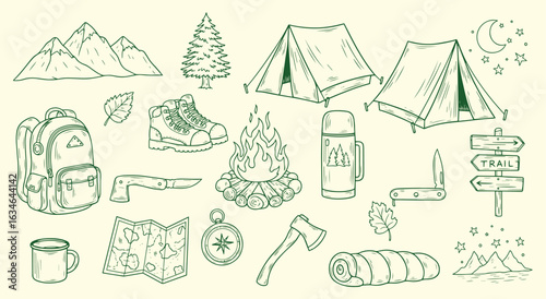 Camping Icon Set. Green hand drawn vector illustration of outdoor and hiking elements. Adventure graphic doodle clipart of a tent, campfire, and mountains for nature and travel design.