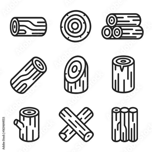 Collection icon vector symbol line contour minimal stroke wood log set outline