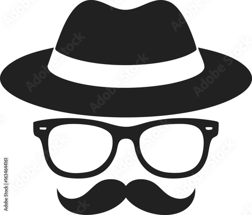 Mustache, glasses, fedora hat, stylish disguise, retro fashion, vintage accessories for character portrayal