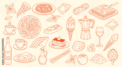 Italian Food Icon Set. Orange line art vector illustration of pizza, pasta, and gelato. Hand drawn doodle clipart of classic Italian cuisine for restaurant menu and cooking design.