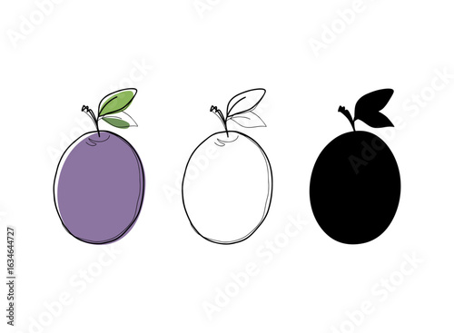 Plum, prune, vector line illustration, contour, silhouette, hand-drawn, flat design. A set of different fruit icon elements for decoration, design, label, logo