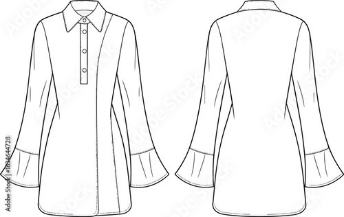 Technical flat sketch of women's tunic blouse with button placket, pointed collar, long flared sleeves, and curved hem vector.