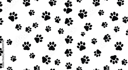 Black paw print seamless pattern, pet footprint background, animal trail design, cute dog and cat paw vector repeat texture