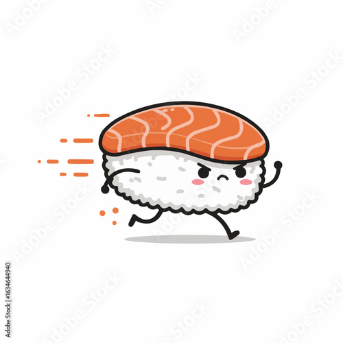 A cartoon sushi roll character running fast, with an angry expression.