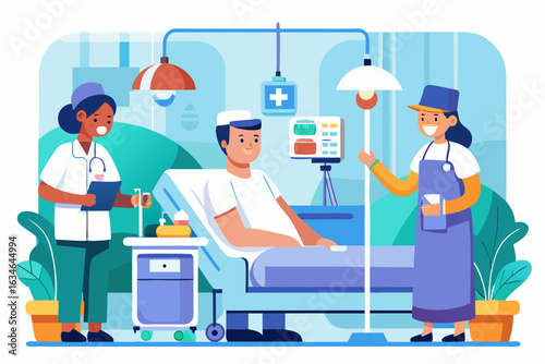 Nurses caring for a patient in a hospital room with medical equipment
