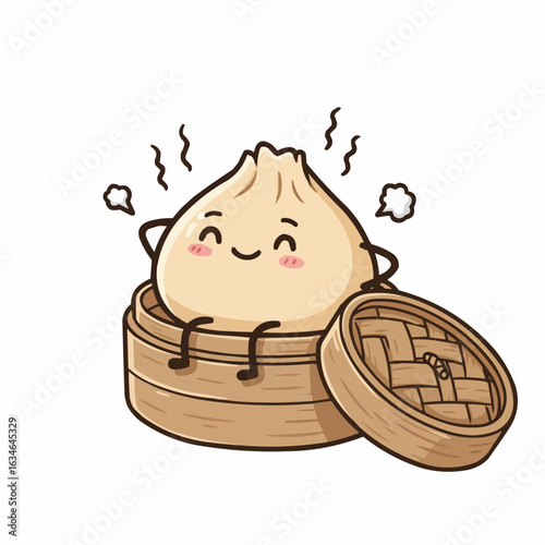 A happy, cartoon dim sum bun rests contentedly in its bamboo steamer.