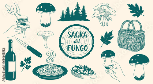 Mushroom Festival Icon Set. Vintage engraving vector illustration of porcini and chanterelle. Sagra del Fungo food graphic clipart for restaurant menu and autumn design. Forest food art.