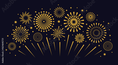 Gold festive fireworks. Holiday pyrotechnics explosion. Celebration festival golden fireworks, glitter, stars on dark background for birthday, anniversary party. Vector concept