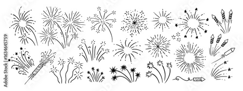 Hand drawn fireworks. Doodle festive explosion. Sketch line celebration sparks, festival lights, party fireworks elements. Explosive swirls, dots. Vector set