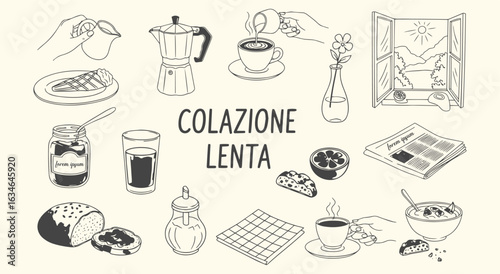 Slow Breakfast Icon Set. Hand drawn vector illustration of an Italian breakfast scene. Colazione Lenta doodle clipart. Coffee, pastry, and moka pot graphics for cafe and menu design.