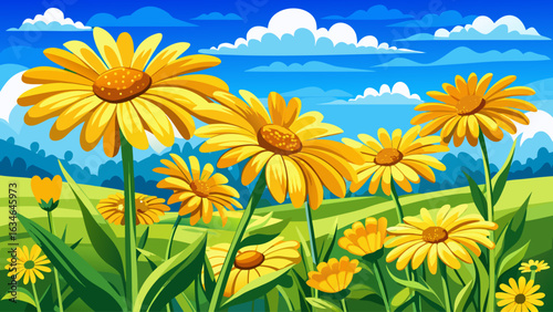 very beautiful Blooming yellow daisies under blue sky.