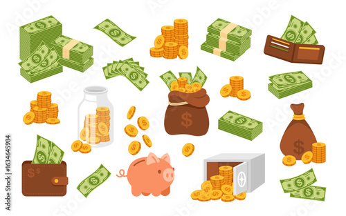 Money cash. Cartoon banknotes and coins. Saving coin and banknote in wallet, piggy bank, money bag, wads in safe. Holding cash banknote packs, saving gold coins. Vector banking elements