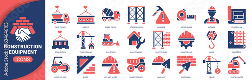 Construction equipment icon set. Containing icon of construction, tower crane, bulldozer, floor plan, crane and more. Solid vector icons collection.