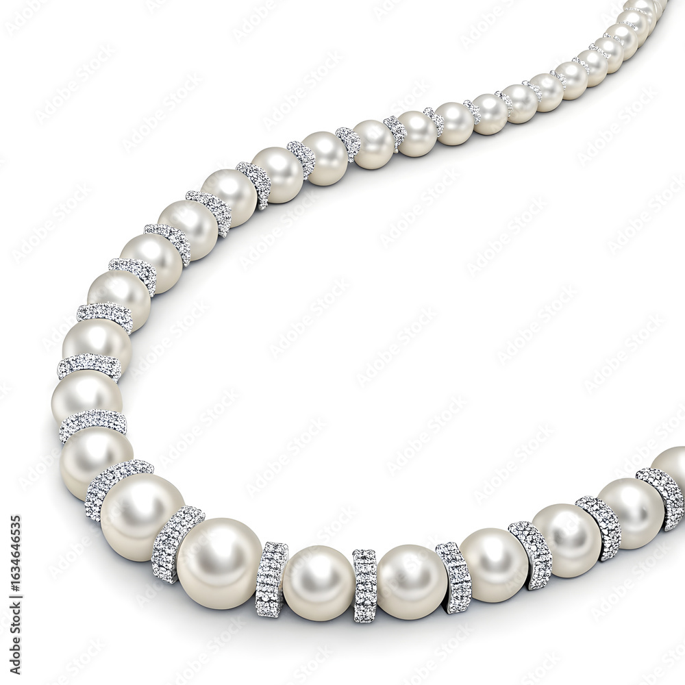 Obraz premium 3D White Gold Necklace with Alternating Diamonds and Pearls on White