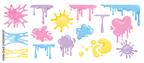 Chewing gum. Bubble gum splashes. Fruity sweet chewy bubblegum. Pink, blue, purple candy, slimy stains, gum stretchy shapes, jelly sticky forms, gummy splash effects. Vector set