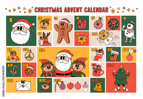 Christmas stickers. New Year advent calendar. Festive countdown with cute holiday illustrations. Decorating gift planner with groovy Santa Claus, snowmen, reindeer. Vector concept