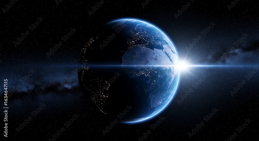 Fototapeta premium Sunrise Over Earth From Space With Stars