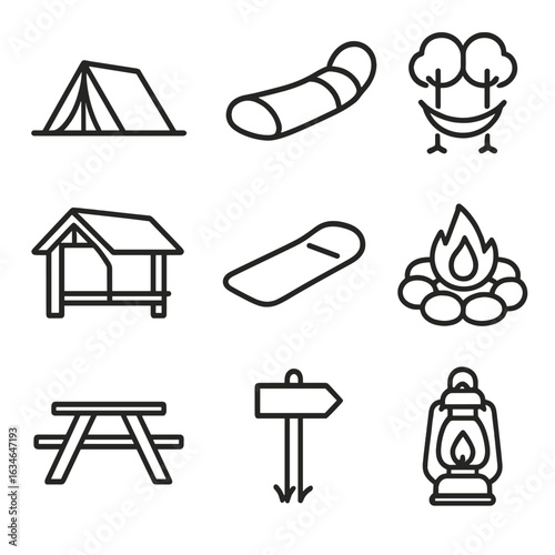 Shelter hammock fire icon overnight stops icons post tent table ring mat