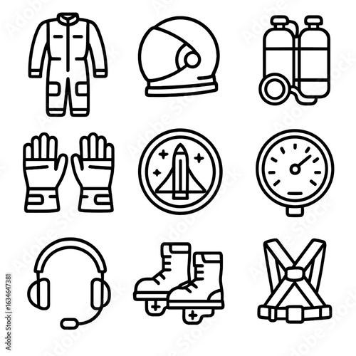 Mission icons vector harness gear pack flight icon spaceflight helmet gauge gloves