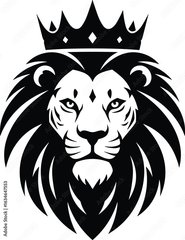 Fototapeta premium Elegant crowned lion head vector, tribal lion illustration, royal animal symbol, black and white majestic lion face design emblem