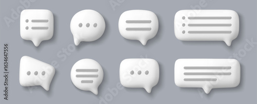 3D message speech bubble. Dialogue bubbles. Realistic rendered communication box elements. Online messenger talk comment balloons in various shapes. Social media chat. Vector set
