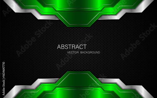 Abstract green and silver polygons on dark steel mesh background. with free space for design.	