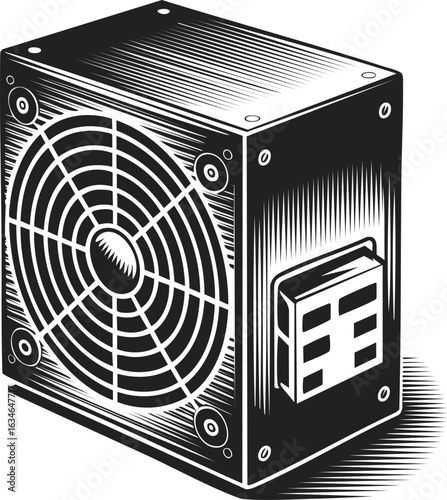 Power supply unit, electrical transformer, voltage regulator, energy device, power management tool in vintage engraved style