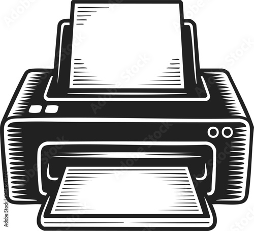 Printer, printing machine, document copier, inkjet device, office equipment, black and white printing technology, print output mechanism, dual paper tray system, vintage engraved illustration