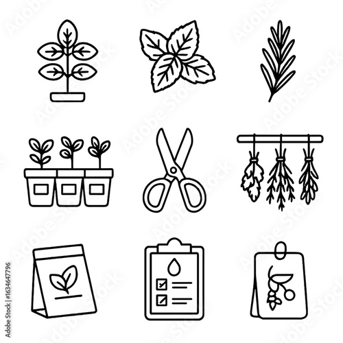 Sprig icon pots vector drying leaves mint herb rosemary gardening icons bunch