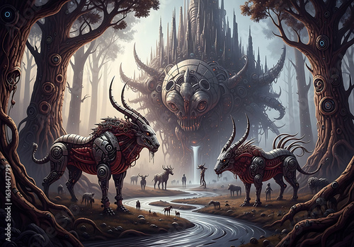 Fantastical Scene of a Forest with Mechanical, Horned Creatures, and a Central Cybernetic Skull Structure, Combining Nature and Technology in a Dark, Mythological, and Surreal Landscape, with a Sense/